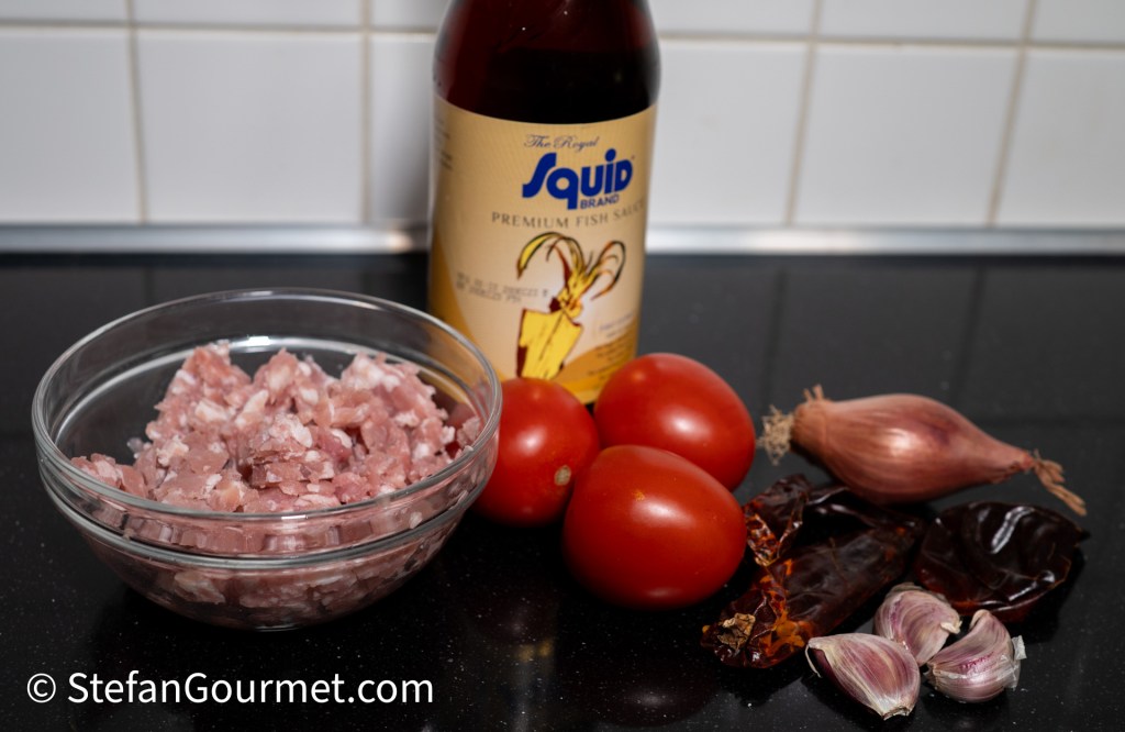 Ingredients for Nam Phrik Ong dip including ground pork, tomatoes, fish sauce, shallots, dried chiles, and garlic arranged on a countertop.