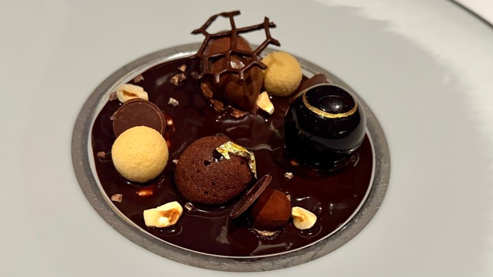 A beautifully presented chocolate dessert featuring various chocolate spheres, gold leaf, and a decorative chocolate lattice on a dark chocolate sauce.