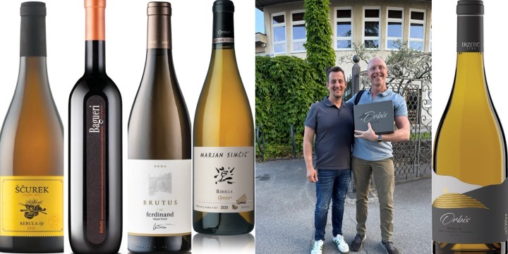 A collection of wine bottles from various vintners, including Ščurek, Bagueri, Marjan Simčič, and Erzetič, displayed alongside two wine makers posing for a photo.