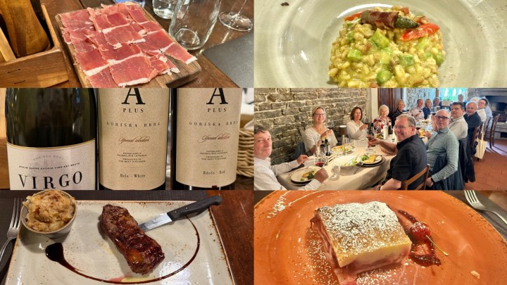 A collage of images featuring a dinner setting with sliced prosciutto, spelt risotto with vegetables, wine bottles from Klet Brda, a steak with mashed potatoes, and a cherry strudel topped with powdered sugar. The table includes guests enjoying their meal and a rustic restaurant ambiance.