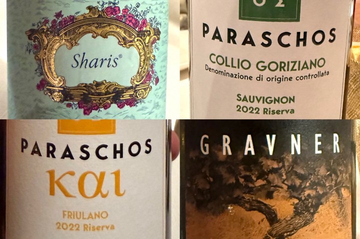 Collage of wine labels featuring Sharis, a Sauvignon from Paraschos, and Friulano from Paraschos along with a Gravner label.