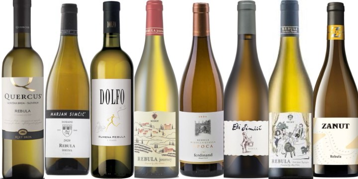 A selection of wine bottles showcasing various Rebula wines from different producers, including labels for Quercus, Marjan Simčič, Dolfo, Ferdinand, Edi Simčič, and Zanuta.