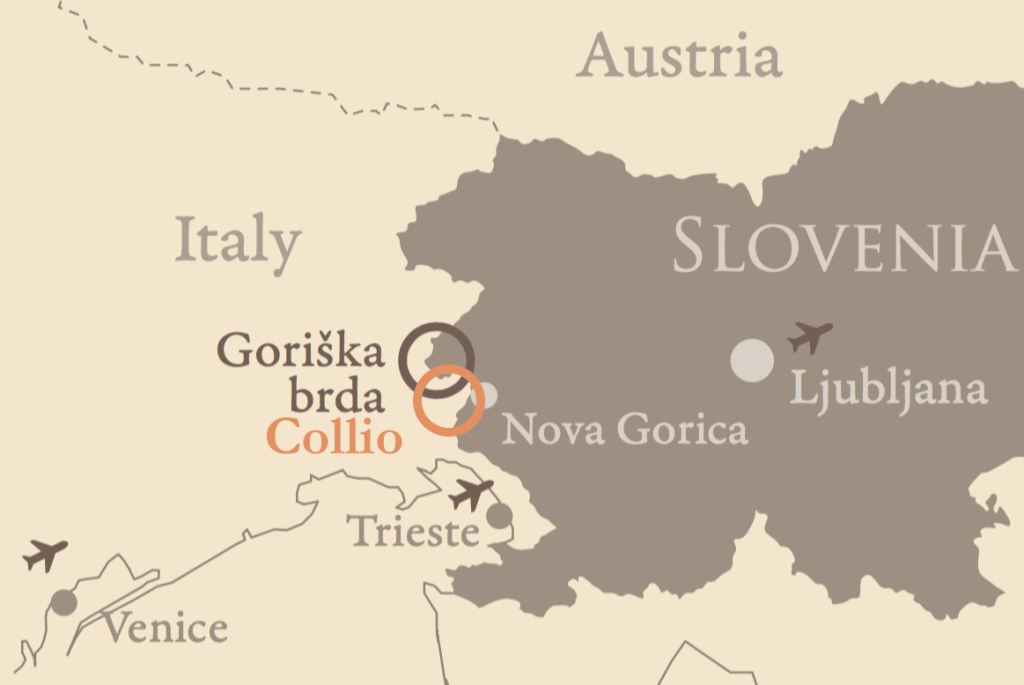 Map showing the Goriška Brda and Collio wine regions, highlighting their geographical locations in Slovenia and Italy.