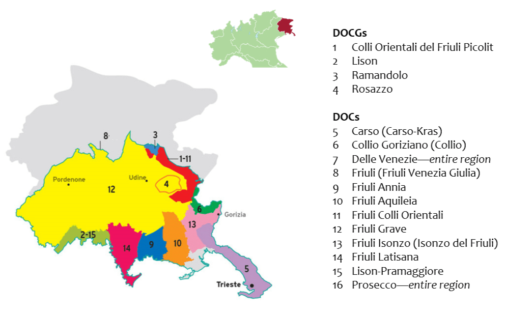 Map of the Friuli wine region in Italy, showcasing various DOCGs and DOCs, with colors indicating different wine areas.