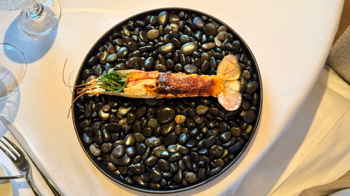 A beautifully plated barbecued langoustine garnished with a green sprig sits on a black plate filled with smooth black stones.