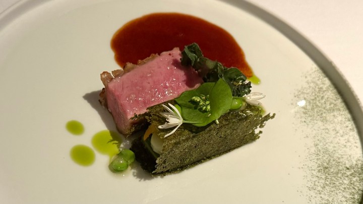 A gourmet dish featuring a pink meat portion accompanied by green leaves, edible flowers, and a red sauce, presented artfully on a white plate.
