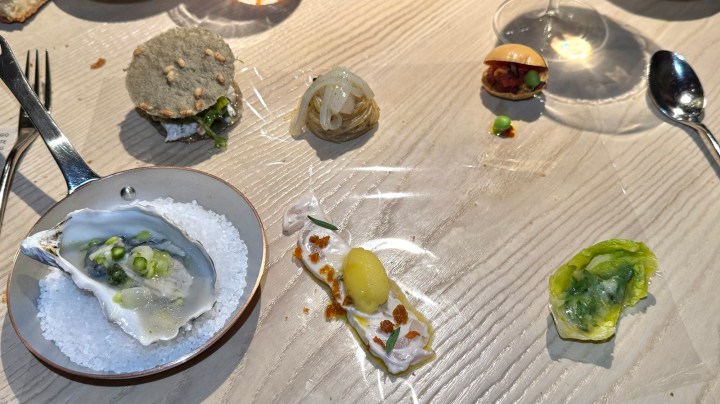 An elegant presentation of raw seafood appetizers including oysters, garnished with various herbs and sauces, served on an upscale dining table.