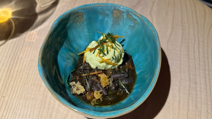 A turquoise bowl filled with a dark dish topped with a green herb mousse and garnished with orange zest and chives.
