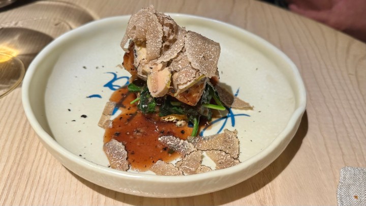 A gourmet dish featuring a beautifully plated protein topped with shaved truffles, served on a decorative plate with a glossy sauce and greens.