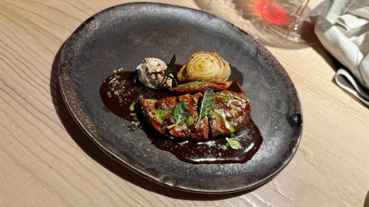 A plated dish featuring tender pigeon with herbs, served with a flavorful jus, accompanied by a soft meringue with herbs and vegetables, served on a black plate.