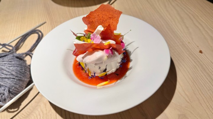 A beautifully presented dessert featuring a soft meringue topped with colorful edible flowers, a thin red crisp, and a red fruit sauce, served on a white plate next to a ball of wool and knitting needles.