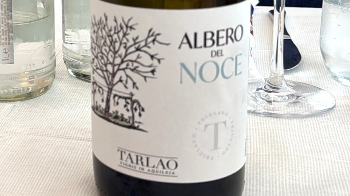 Close-up of a wine bottle labeled 'Albero del Noce' from the Tarlao winery, placed on a table setting with a glass and water bottles in the background.