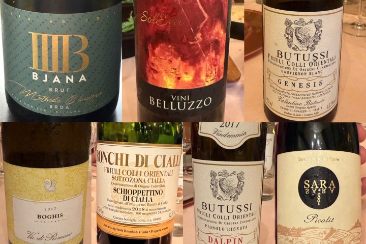 A collage of wine bottles with various labels, showcasing wines from the Friuli region. The labels include BJANA Brut Metodo Classico, Vini Belluzzo Soleva, Butussi FCO Sauvignon Blanc Genesis, Ronchi di Cialla Schioppettino di Cialla, and Sara & Sara FCO Picolit.
