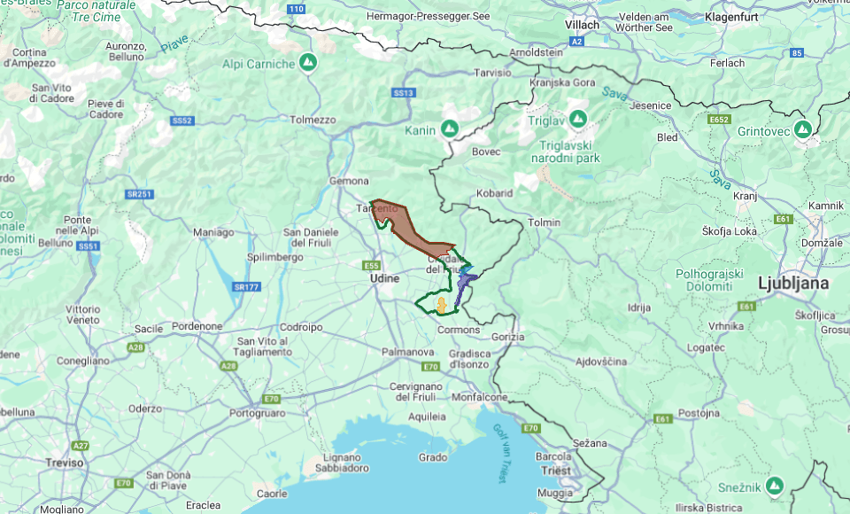 A detailed map highlighting the Friuli Colli Orientali DOC region in Italy, showcasing various subzones for wine varieties like Refosco di Faedis, Cialla, Schioppettino di Prepotto, and Ribolla Gialla e Pignolo di Rosazzo.