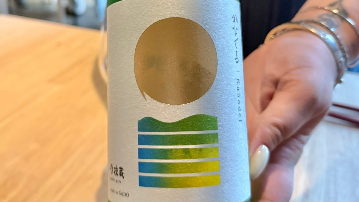 A hand holding a sake bottle featuring a design with a golden sun and colorful striped pattern representing water.