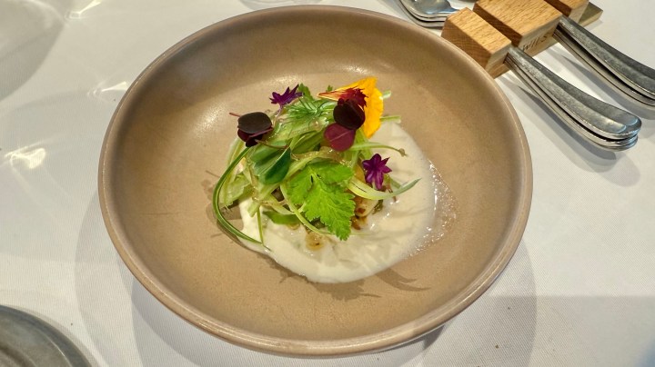 A beautifully presented dish featuring a creamy white base topped with fresh herbs, edible flowers, and sliced green vegetables in a brown bowl.