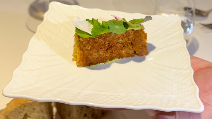 A small, rectangular piece of crispy dish topped with fresh herbs, served on a decorative white plate, held in a person's hand, with a slice of bread visible in the background.