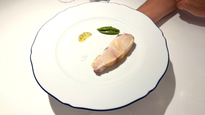 A neatly plated dish featuring a slice of fish alongside green leaves and a yellow garnish on a white plate.