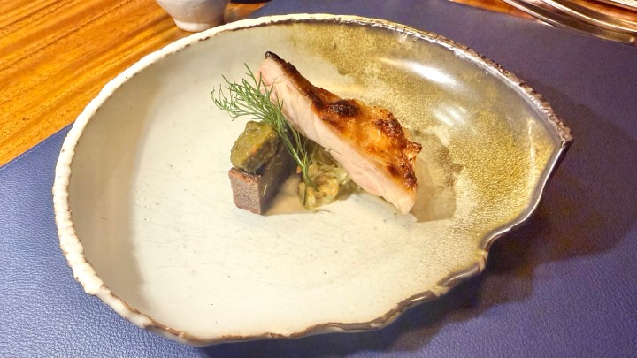 A gourmet dish featuring grilled chicken breast alongside a green sauce, served on an artisanal plate, showcasing a refined culinary presentation.