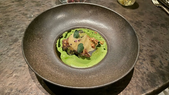 A gourmet dish served in a dark, round bowl, featuring a green sauce, topped with herbs and garnishes, with a textured protein element in the center.