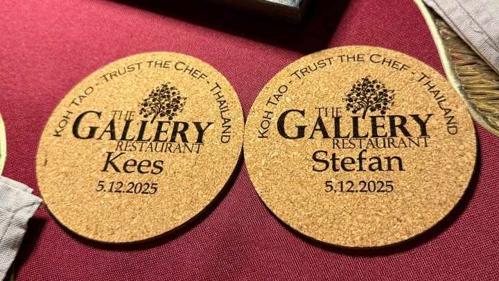 Personalized coasters with the names 'Kees' and 'Stefan' from The Gallery Restaurant in Koh Tao, Thailand.
