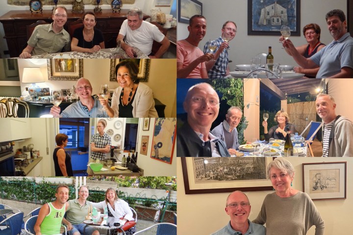 A collage of various dining experiences showcasing groups of people enjoying meals together in different settings, including toasts with drinks, casual conversations, and festive gatherings.