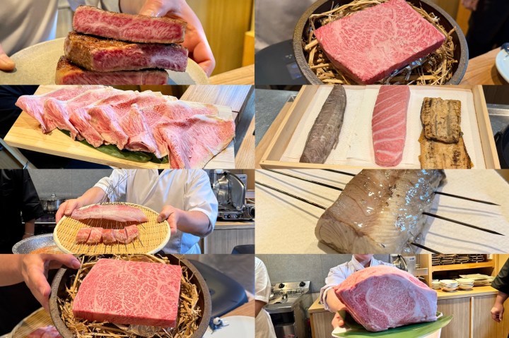 A collage of various cuts of premium wagyu beef presented on different plates and by chefs, showcasing marbling and different types of meat.