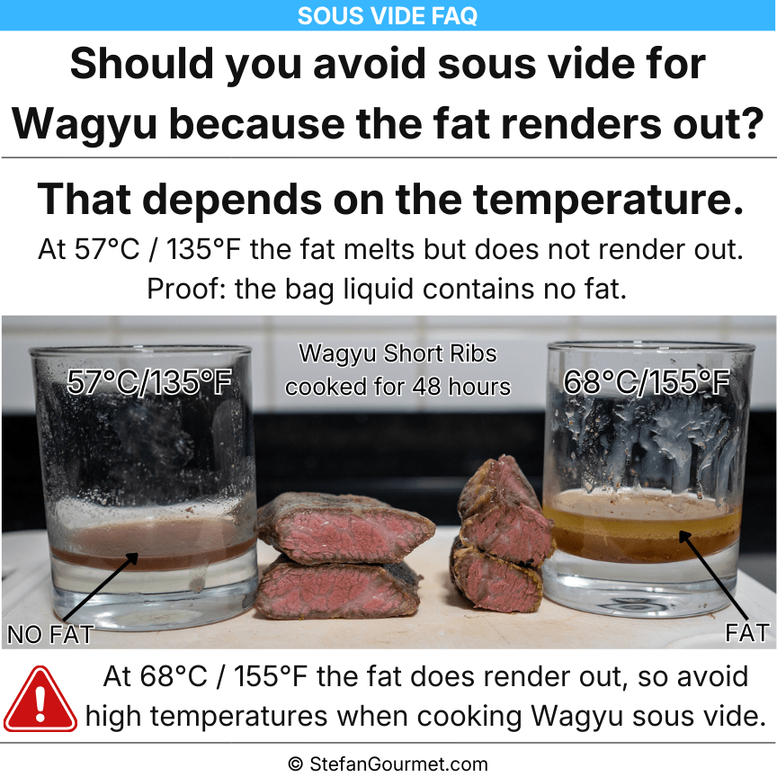 Comparison of sous vide Wagyu short ribs cooked at two temperatures: 57°C/135°F showing no fat rendered, and 68°C/155°F with fat rendering out.