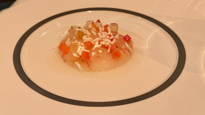 A gourmet dish featuring a translucent mound of seafood or gel-like substance topped with colorful diced vegetables and a sprinkle of rice puffs, served on a white plate with a black circular design.