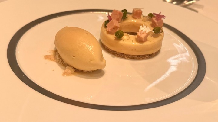 A gourmet dessert plate featuring a round pastry with a creamy topping and decorative pieces, alongside a scoop of light-colored ice cream on a crumb base, served on a circular white plate with a black rim.