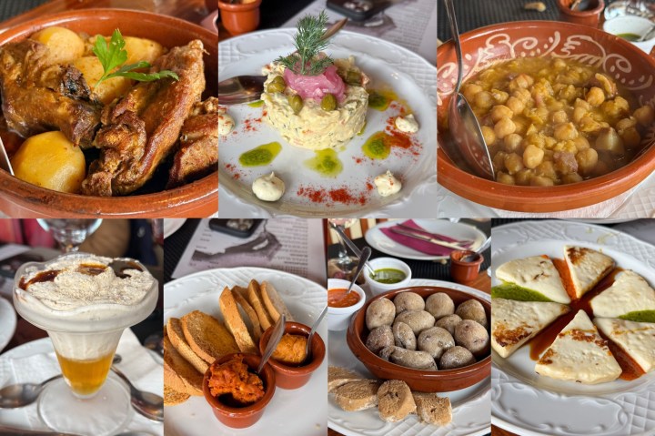 A variety of traditional dishes including grilled meat with potatoes, a colorful rice and vegetable dish, chickpea stew, a creamy dessert served in a glass, crunchy cookies with dipping sauce, and a platter of sweet delicacies.