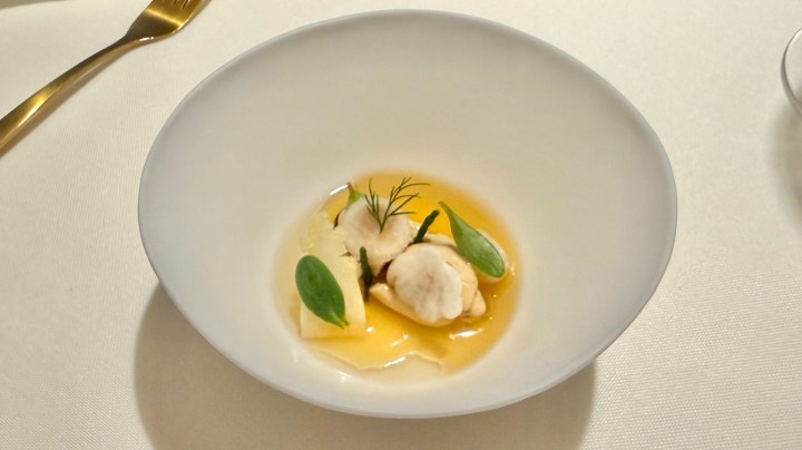 A white bowl containing a delicate dish with small pieces of food, garnished with green leaves and herbs in a light broth.