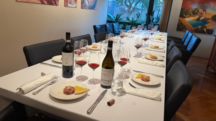 A long dining table set with plates of food, wine glasses filled with red wine, bottles of wine, and neatly arranged cutlery, surrounded by chairs and decorated with plants in the background.