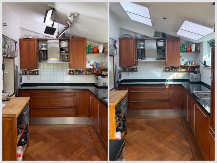 A side-by-side comparison of a modern kitchen featuring wooden cabinetry, a black countertop, and various kitchen items. The left side shows a cluttered layout with numerous spices and containers, while the right side displays a more organized and tidy kitchen space.