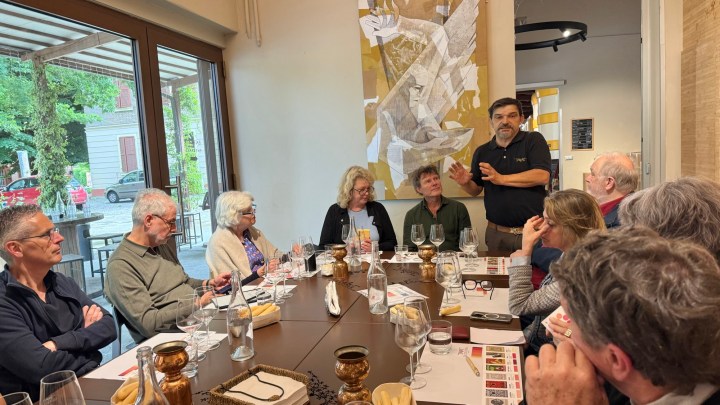 A group of people seated around a dining table engaged in conversation, with one person presenting in front of them. The setting features various glassware and a decorative background.