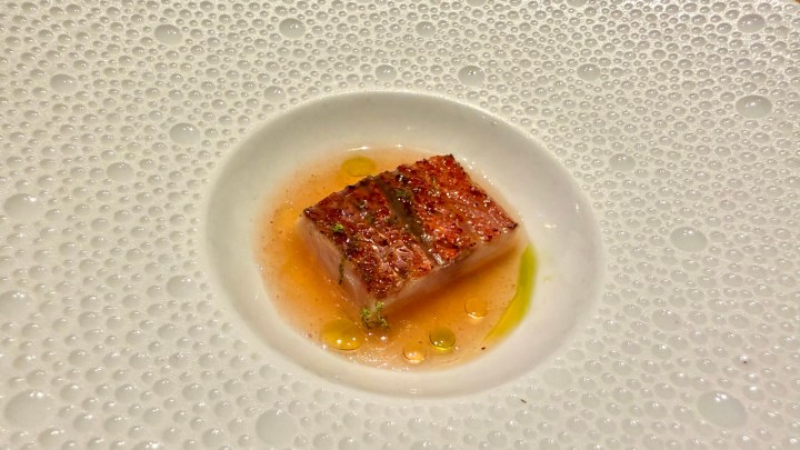 A small piece of beautifully cooked fish, garnished with a drizzle of olive oil and a vibrant sauce, presented on a textured white plate.
