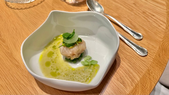 A gourmet dish served in a white bowl, featuring a small portion of cooked fish topped with green herbs, drizzled with a light sauce, placed on a wooden table beside two silver utensils.