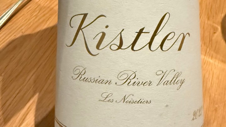 A close-up of a bottle label featuring 'Kistler', 'Russian River Valley', and 'Les Noisetiers' printed in elegant fonts.