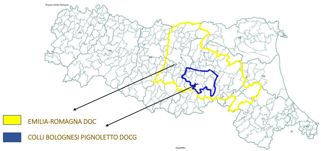 Map highlighting the Emilia-Romagna DOC and Colli Bolognesi Pignoletto DOC regions with yellow and blue outlines, respectively.