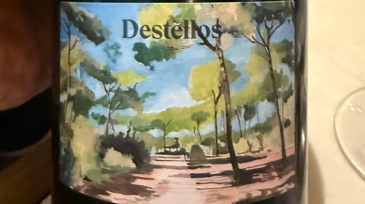 A close-up of a wine bottle label featuring an artistic illustration of a serene landscape with trees and a pathway, and the name 'Destellos' prominently displayed.