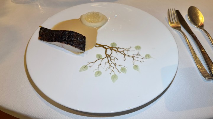 A gourmet dish featuring a piece of fish with crispy skin, served on a decorative plate with a branch design, accompanied by a creamy sauce and a small dollop of puree.