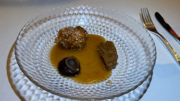 A clear dish featuring a savory broth with a textured round food item, a piece of seaweed, and a dark shellfish, garnished with some salt.